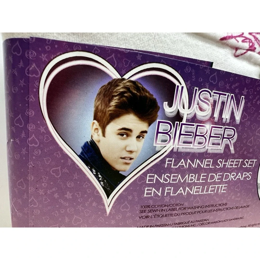 Justin Bieber Twin Bed Sheets Cotton Flannel Sheet Set 2013 White Hearts